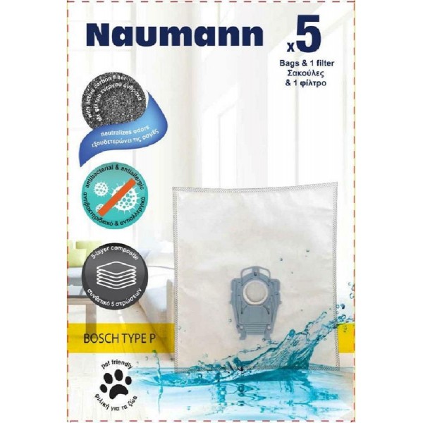 Naumann Type P 908064766 Σακούλες Σκούπας 5τμχ + 1 φίλτρο Συμβατή με Σκούπα Siemens,bosch
