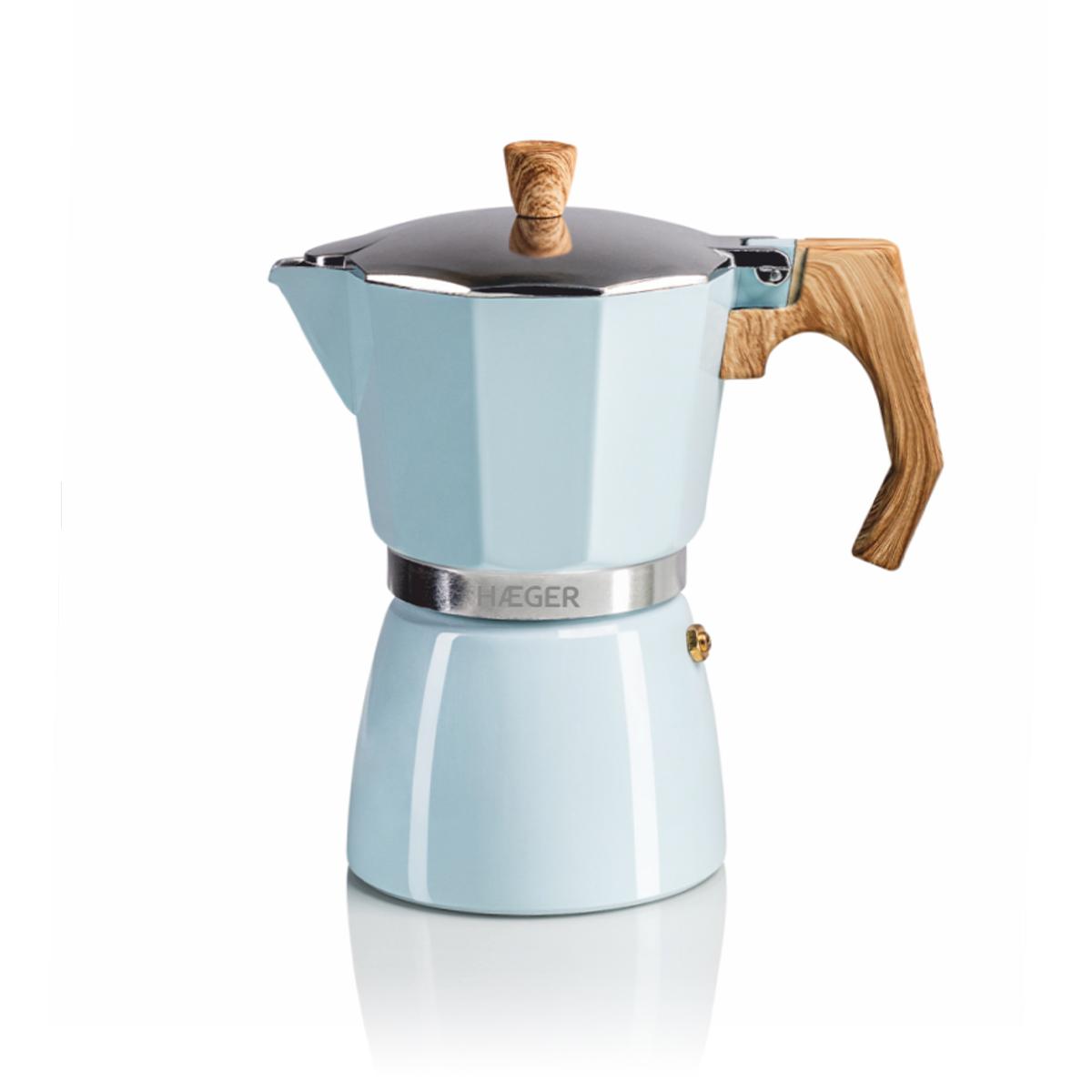 Haeger MOKA Pot 6 Aluminium coffee espresso pot 6 cups blue wood (CP-06A.011A) Haeger MOKA Pot 6 Aluminium coffee espresso pot 6 cups blue wood (CP-06A.011A)