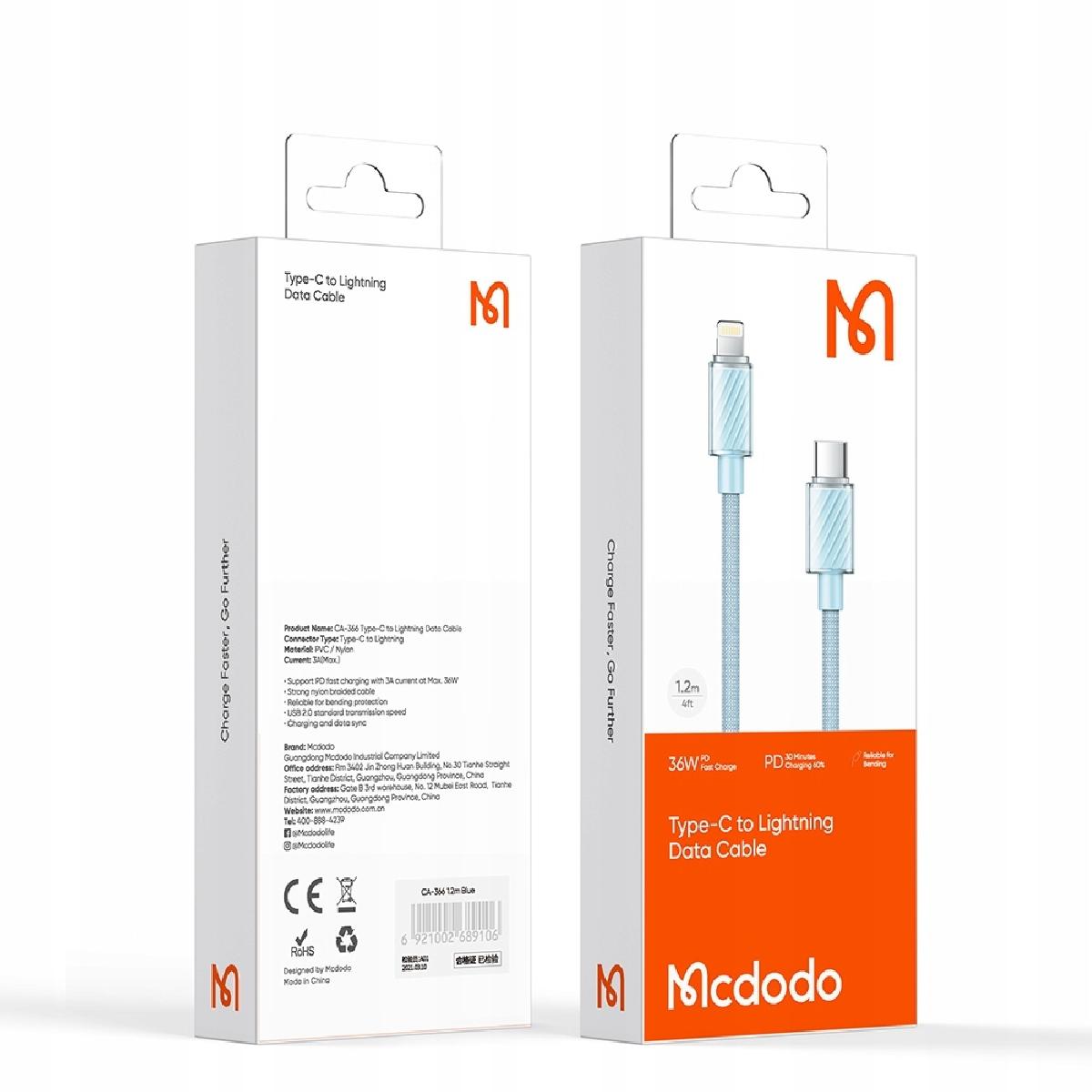 Mcdodo CA-3661 Type-C to Lightning Transparent Data Cable  1.2m blue
