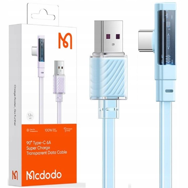 Mcdodo CA-3422 USB-A to Type-C 6A 90 Degree Transparent Data Cable with LED 1.2m blue Mcdodo CA-3422 USB-A to Type-C 6A 90 Degree Transparent Data Cable with LED 1.2m blue