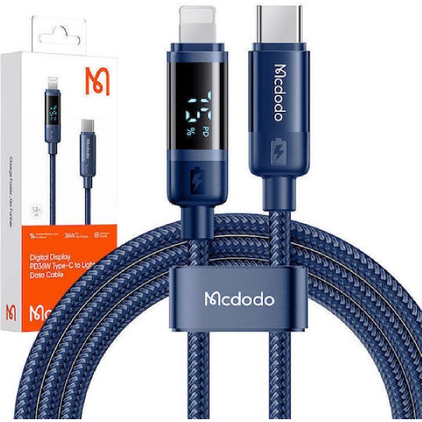 Mcdodo CA-5211 Digital Display 36 watt Type-C to Lightning Data Cable 1.2m
 blue Mcdodo CA-5211 Digital Display 36 watt Type-C to Lightning Data Cable 1.2m
 blue