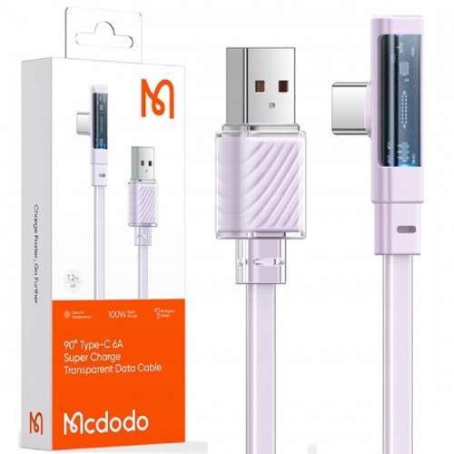 Mcdodo CA-3421 USB-A to Type-C 6A 90 Degree Transparent Data Cable with LED 1.2m black