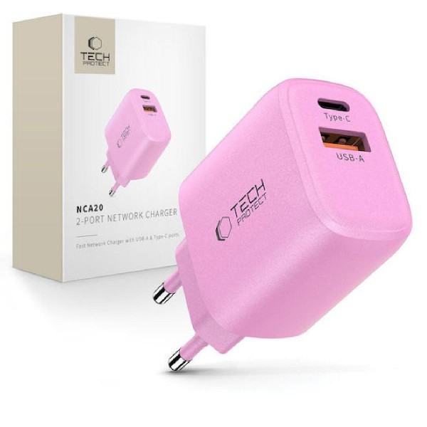 Tech-Protect NCA20 Adaptor με 2 θύρες USB-A & USB-C 20 watt Pink
