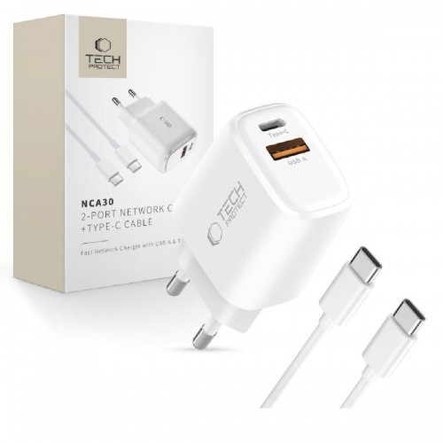 Tech-Protect NCA30 Adaptor με 2 θύρες USB-A & USB-C & καλώδιο Type-C 30 watt White