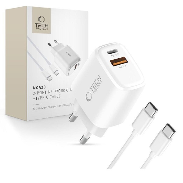 Tech-Protect NCA20 Adaptor με 2 θύρες USB-A & USB-C & καλώδιο Type-C 20 watt White