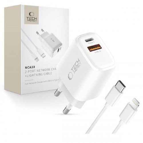 Tech-Protect NCA30 Adaptor με 2 θύρες USB-A & USB-C & καλώδιο Lightning 30 watt White