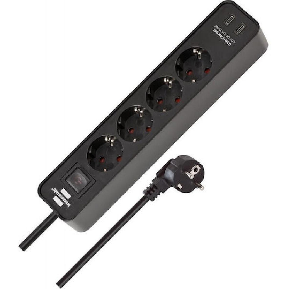 Brennenstuhl Ecolor USB 4 θέσεων καλώδιο 1,5m με διακόπτη και 2 θύρες USB-C black (1153240106)