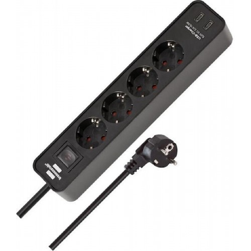Brennenstuhl Ecolor USB 4 θέσεων καλώδιο 1,5m με διακόπτη και 2 θύρες USB-C black (1153240106)
