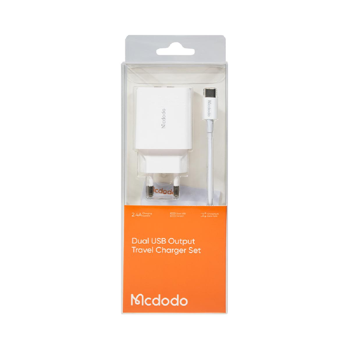 Mcdodo CH-6721 2 USB-A Charger(EU) + Type-C Cable 1m Travel Set white