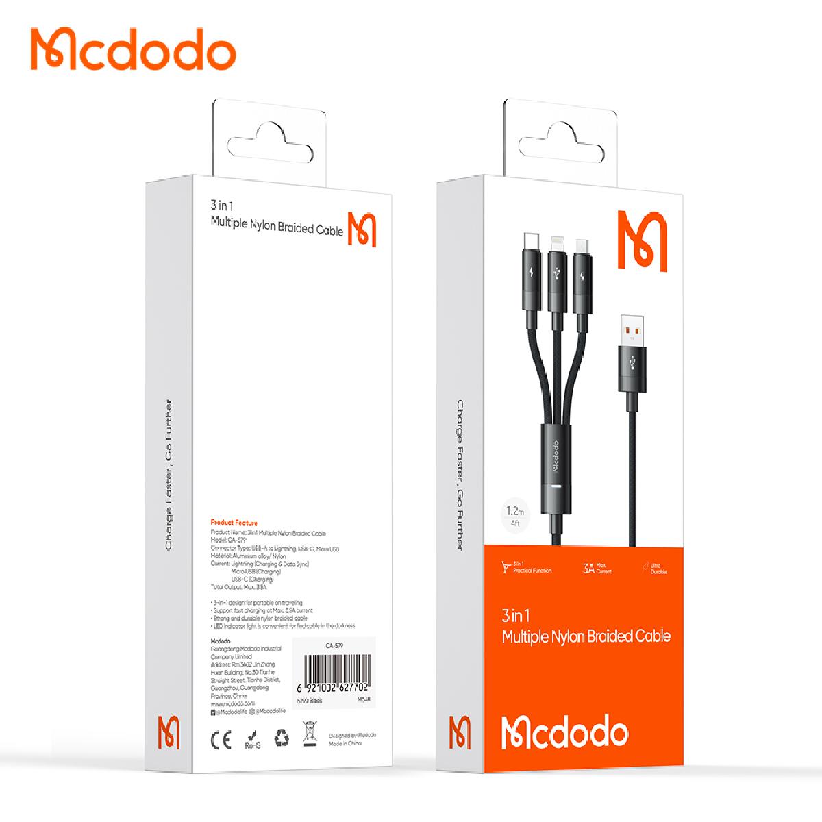 Mcdodo CA-5790 3-in-1 USB-A to USB-C, Lightning, Micro USB  Data Cable 1.2m