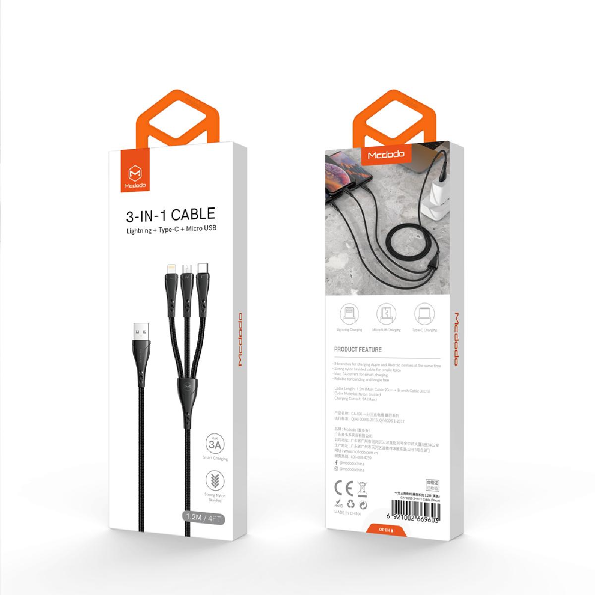 Mcdodo CA-6960 3-in-1 USB-A to Lightning, Micro, Type-C Data Cable  1.2m