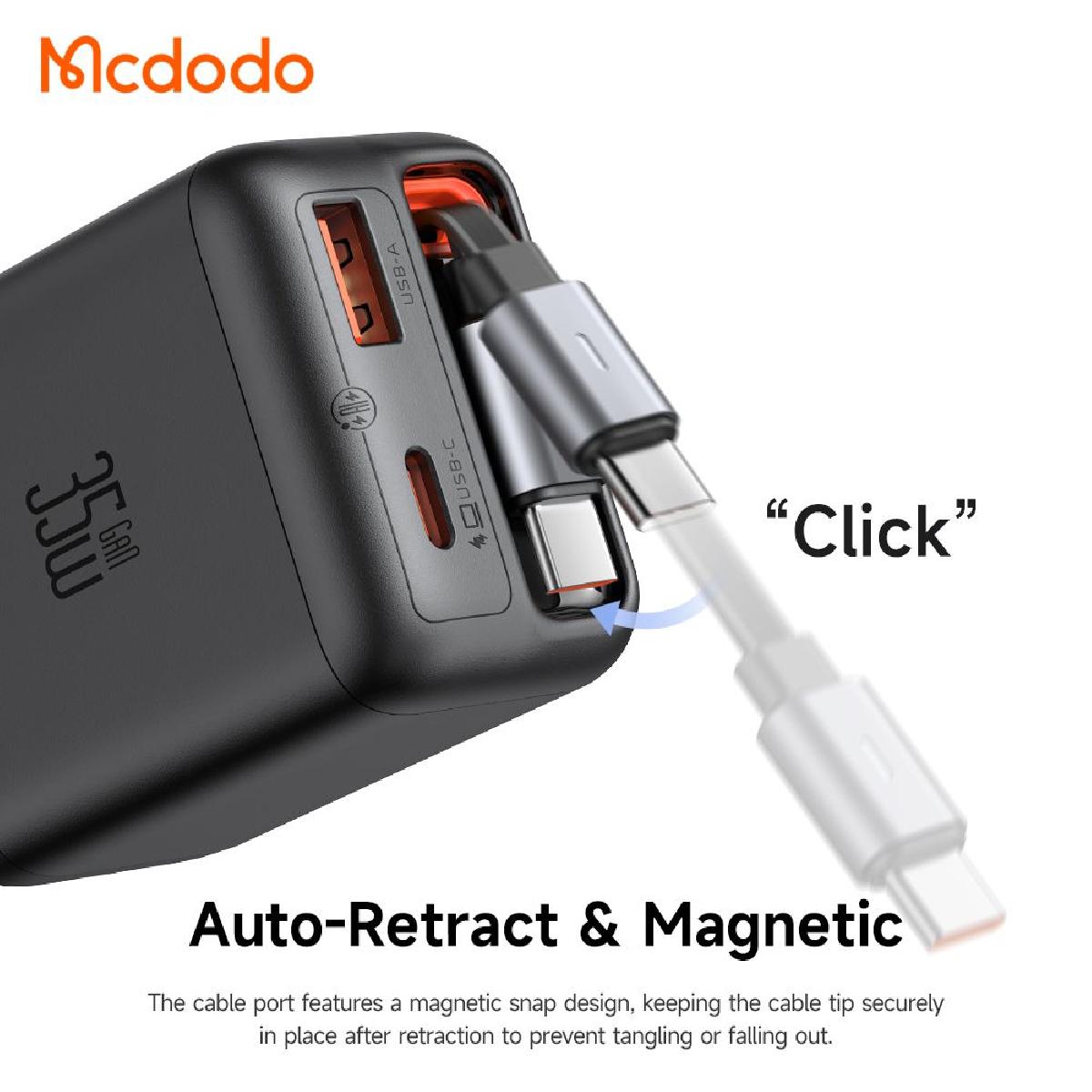 Mcdodo CH-1280 GaN Technology Charger 35W με Θύρα USB-A & 2 Θύρες USB-C + 65cm retractable USB-C Cable black