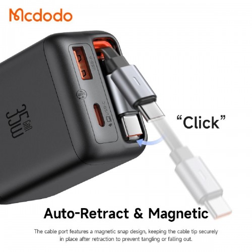 Mcdodo CH-1280 GaN Technology Charger 35W με Θύρα USB-A & 2 Θύρες USB-C + 65cm retractable USB-C Cable black