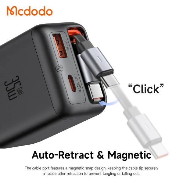 Mcdodo CH-1280 GaN Technology Charger 35W με Θύρα USB-A & 2 Θύρες USB-C + 65cm retractable USB-C Cable black