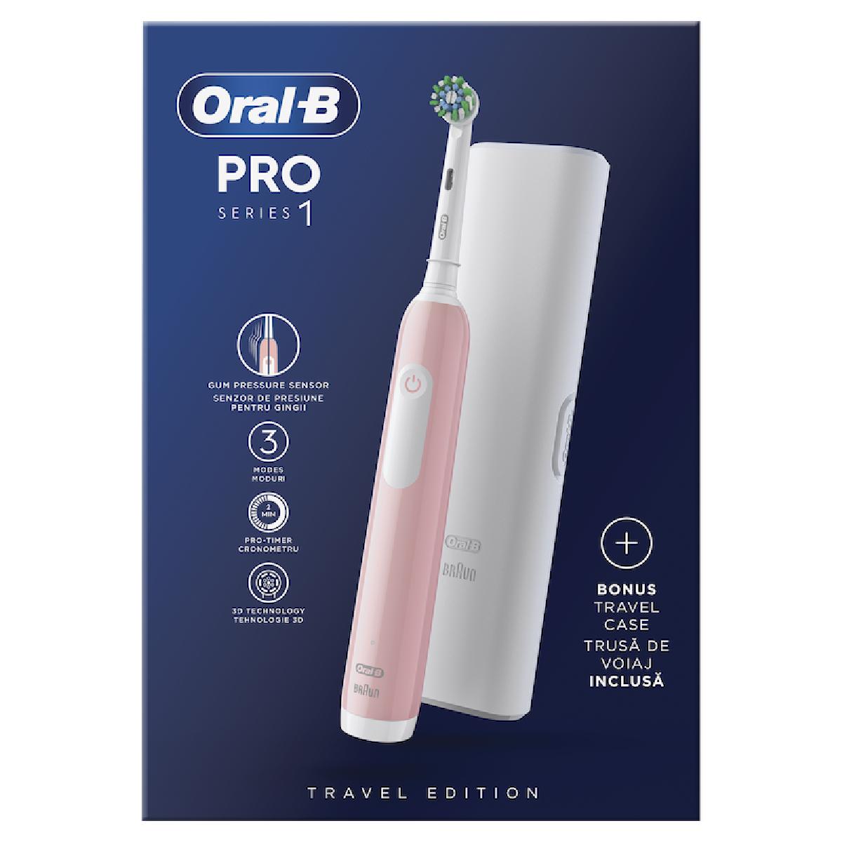 Oral-B Pro Series 1 cross action Electric Toothbrush pink and Travel Case (3216721)